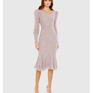 Mac Duggal Purple Sequined V Neck Illusion Long Sleeve Trumpet Dress Size 8 Flaw